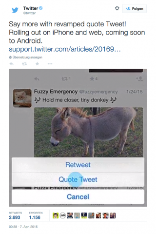 Twitter-Nutzer können jetzt Nachrichten beim Retweeten einfacher kommentieren. (Bild: Twitter)